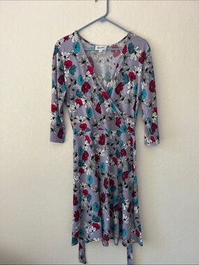 Leota Lavender Floral Wrap Dress with Red & Teal Blooms